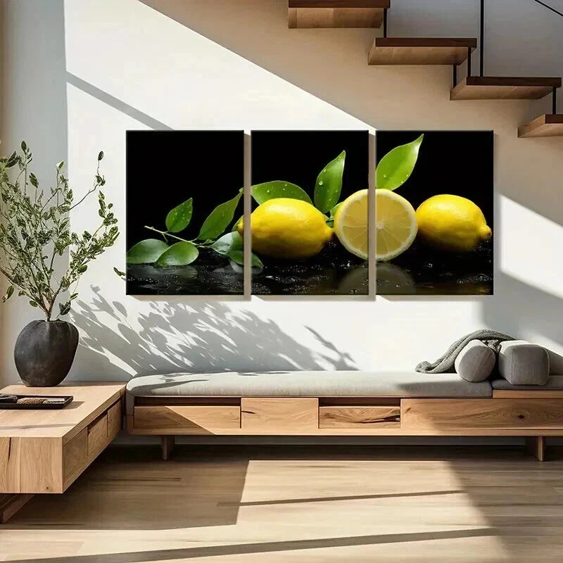 3pcs Vibrant Lemon & Green Leaf Design Wall Art Set Canvas Framed 50x70cm - High Quality Print 100% Australian Made Wall Canvas Ready to Hang - Bella Home Decor