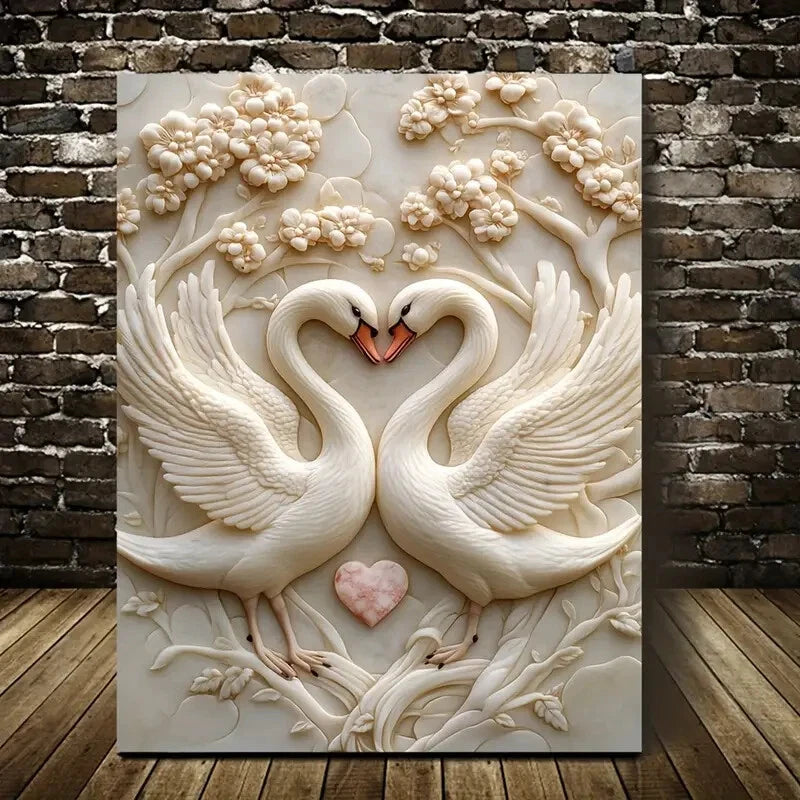 Swans in Love by Fred Levy Hadida, Painting 40x60cm Metal Print Ready to Hang - Bella Home Decor