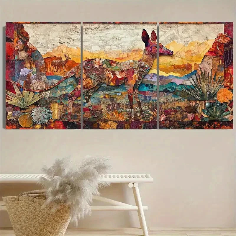 3pcs Vibrant Kanga & Wildlife Wall Art Set Canvas Framed 40x60cm - High Quality Print 100% Australian Made Wall Canvas Ready to Hang