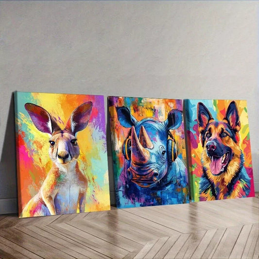 3pcs Featuring Animals In Colorful Background Wall Art Set Canvas Framed 40x60cm - High Quality Print 100% Australian Made Wall Canvas Ready to Hang