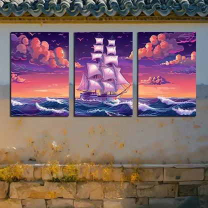 3pcs Mystical Sailboat at Sea Nautical Design Metal Print Ready to Hang Art - Bella Home Decor