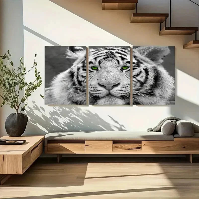 3pcs White Tiger Close-Up Green Eyes Metal Print Ready to Hang Art