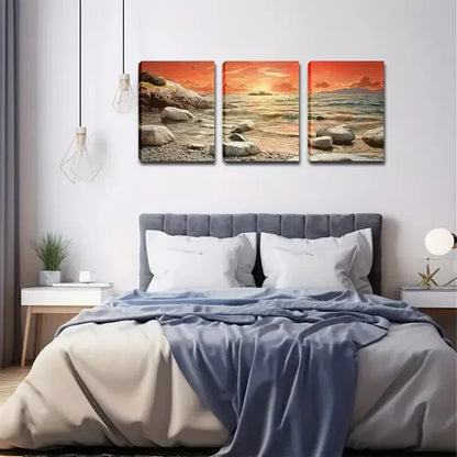 3pcs Refreshing, Seaside Stone, Red Sky Wall Art Canvas Unframed - High Quality Print 100% Australian Made Wall Canvas