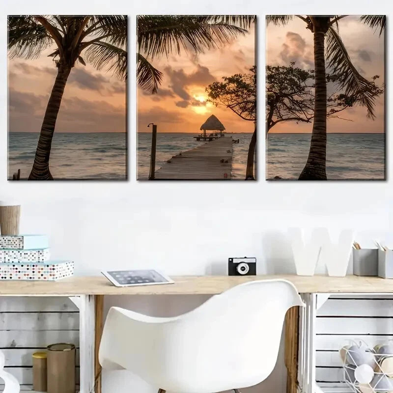 3pcs Sea Bridge Ocean Sea Sea Sunset Landscape Metal Print Ready to Hang Art