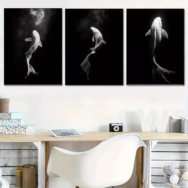 3pcs Oriental Style Koi Fish Ink Style Modern Art Set Canvas Framed 50x70cm - High Quality Print 100% Australian Made Wall Canvas Ready to Hang