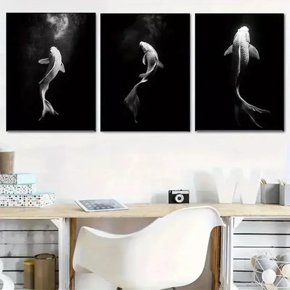 3pcs Oriental Style Koi Fish Ink Style Modern Art Set Canvas Framed 50x70cm - High Quality Print 100% Australian Made Wall Canvas Ready to Hang