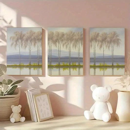 3pcs Tall Trees & Calm Lake Scenery Wall Art Set Canvas Framed 50x70cm - High Quality Print 100% Australian Made Wall Canvas Ready to Hang