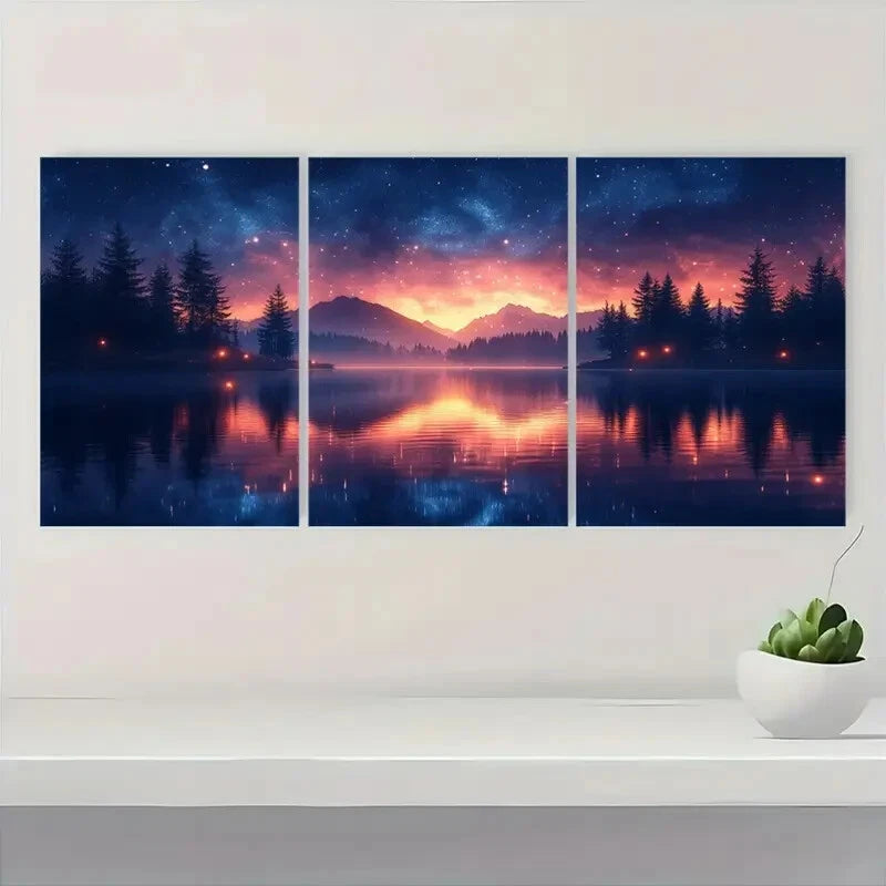 3pcs Pine Trees & Mountain Night Sky Landscape Metal Print Ready to Hang Art - Bella Home Decor