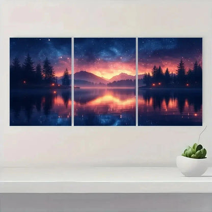 3pcs Pine Trees & Mountain Night Sky Landscape Metal Print Ready to Hang Art - Bella Home Decor