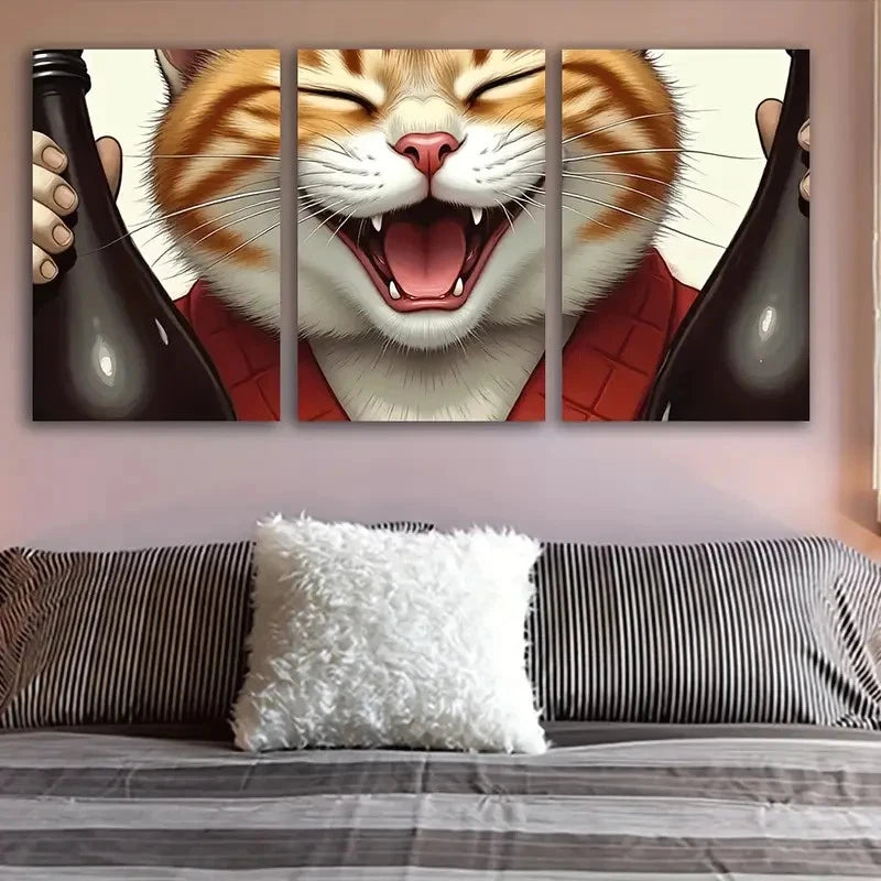 3pcs Kimono Cat with Wine Bottle Metal Print Ready to Hang Art