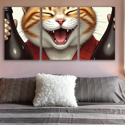 3pcs Kimono Cat with Wine Bottle Metal Print Ready to Hang Art