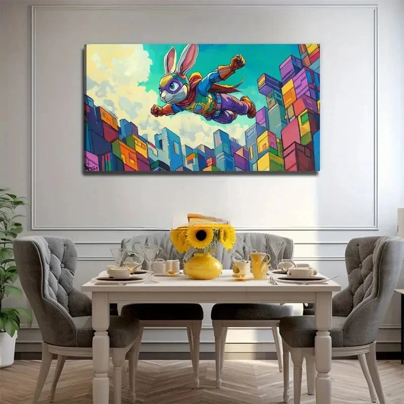 Dynamic Flying Bunny City Wall Art Canvas Office Home Room Framed 120x60cm
