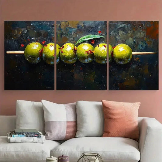 3pcs Green Olive Skewer Dark Modern Metal Print Ready to Hang Art