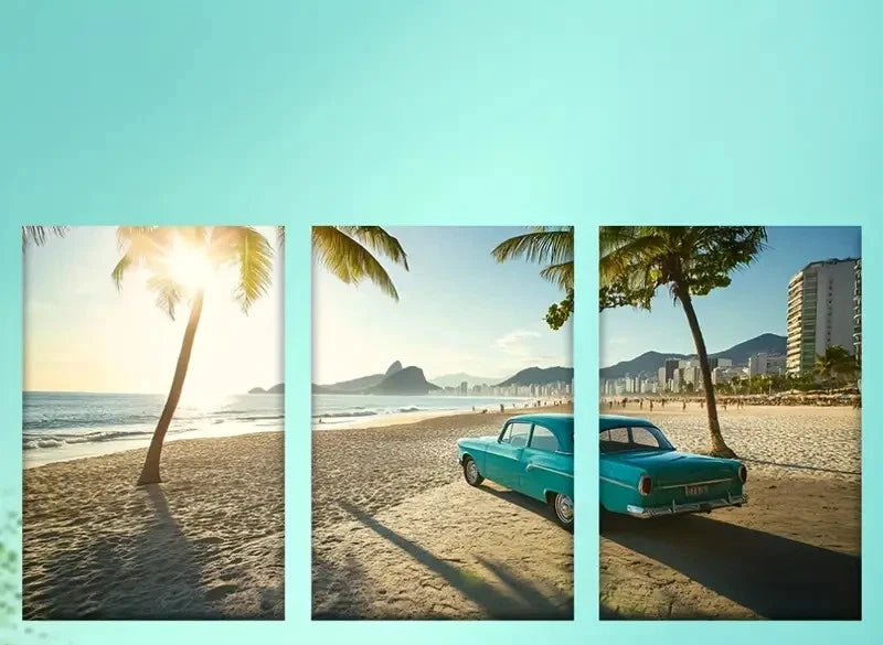 3pcs Blue Car & Palm Tree Beach Scene Metal Print Ready to Hang Art - Bella Home Decor