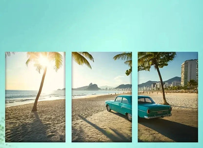 3pcs Blue Car & Palm Tree Beach Scene Metal Print Ready to Hang Art - Bella Home Decor