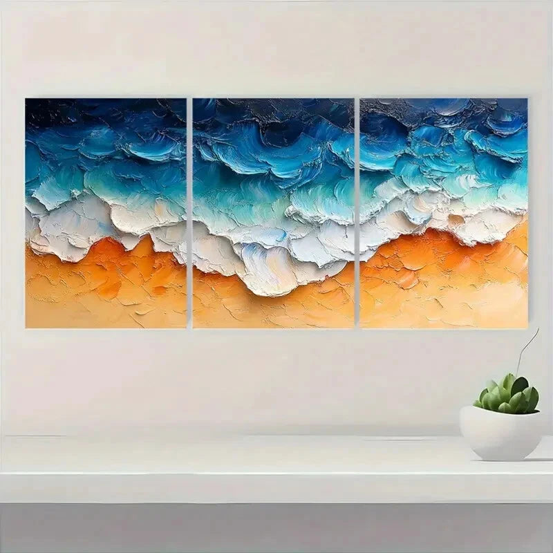 3pcs Vibrant Ocean Waves & Sandy Shore Scene Metal Print Ready to Hang Art - Bella Home Decor
