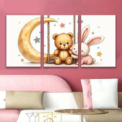 3pcs Teddy Bear And Rabbit Print Wall Art Set Canvas Framed 50x70cm - High Quality Print 100% Australian Made Wall Canvas Ready to Hang