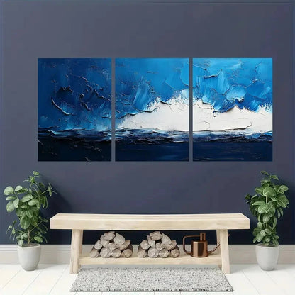 3pcs Abstract Blue and White Textured Metal Print Ready to Hang Art