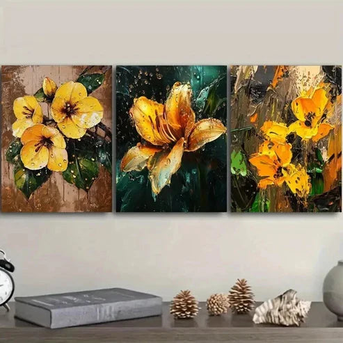 3pcs Yellow Lilies in the Rain Decoration Wall Art Set Canvas Unframed - High Quality Print 100% Australian Made Wall Canvas