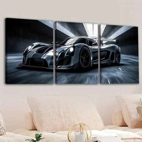 3pcs Classic Black Cool Sports Car White Lights Wall Art Set Canvas Unframed - High Quality Print 100% Australian Made Wall Canvas - Bella Home Decor