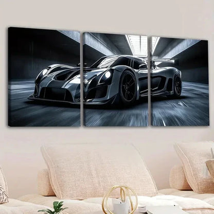3pcs Classic Black Cool Sports Car White Lights Wall Art Set Canvas Unframed - High Quality Print 100% Australian Made Wall Canvas - Bella Home Decor