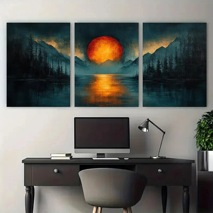 3pcs Cold Toned Blues Grunge Orange Sunset View Wall Art Set Canvas Framed 40x60cm - High Quality Print 100% Australian Made Wall Canvas Ready to Hang - Bella Home Decor