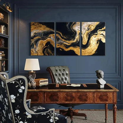 3pcs Abstract Golden Black White Swirls Art Metal Print Ready to Hang Art - Bella Home Decor