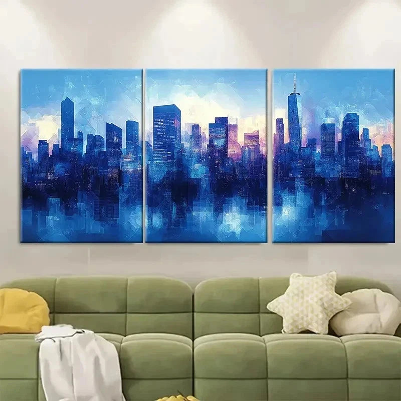 3pcs Modern Blue Geometric Cityscape RO  Wall Art Set Canvas Framed 50x70cm - High Quality Print 100% Australian Made Wall Canvas Ready to Hang - Bella Home Decor
