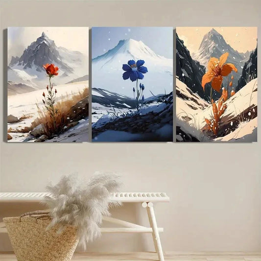 3pcs Snowy Mountains A Botanical Floral Painting Metal Print Ready to Hang Art