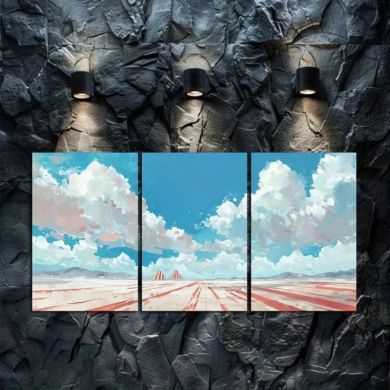 3pcs Red and White Striped Pyramids Rising Metal Print Ready to Hang Art