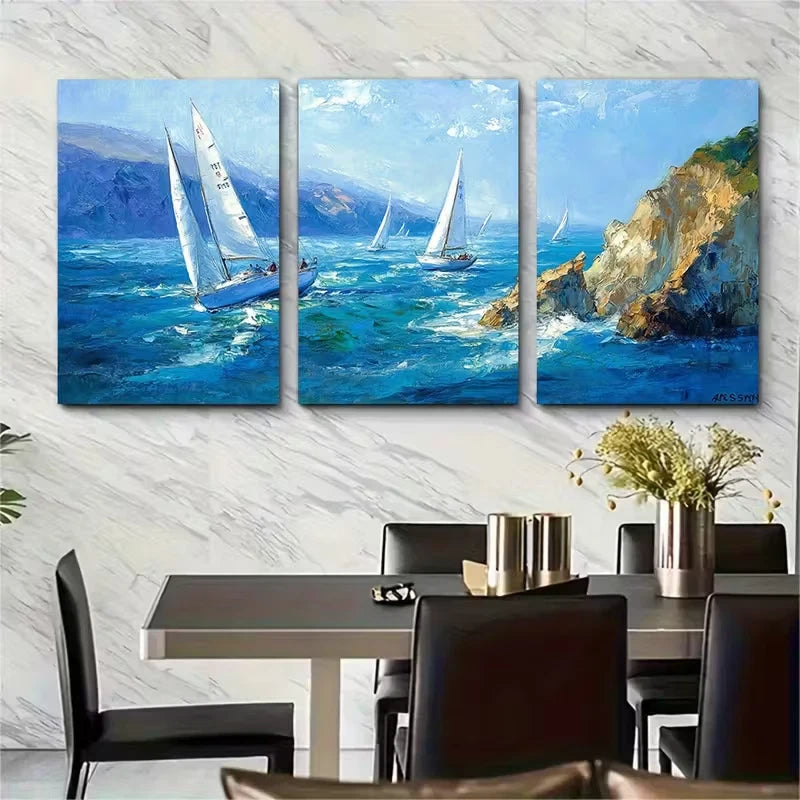 3pcs Sailboats Oil Painting California Metal Print Ready to Hang Art