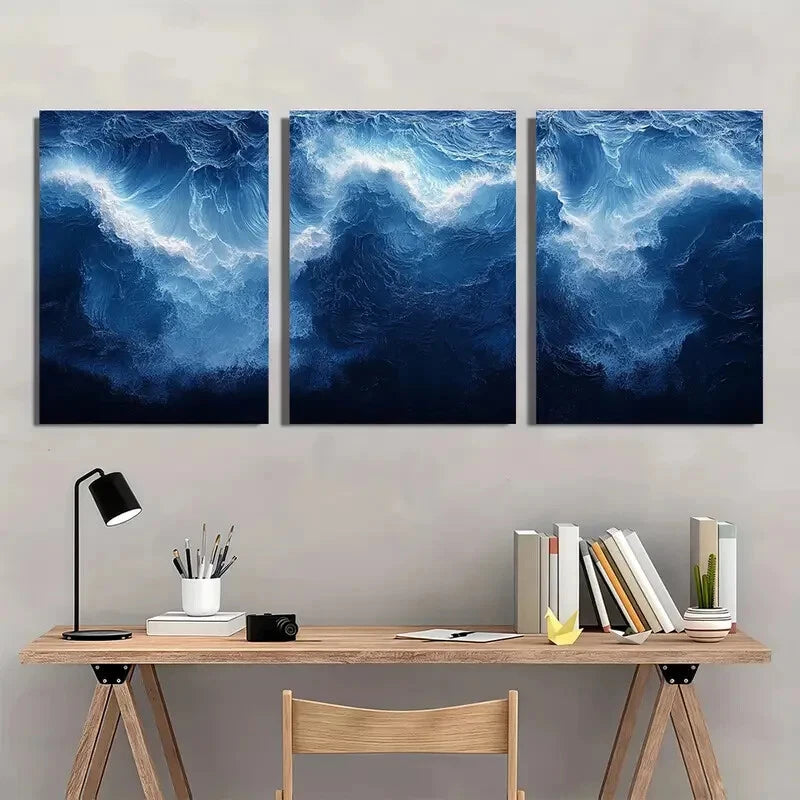3pcs Abstract Blue White Ocean Art Print Metal Print Ready to Hang Art - Bella Home Decor