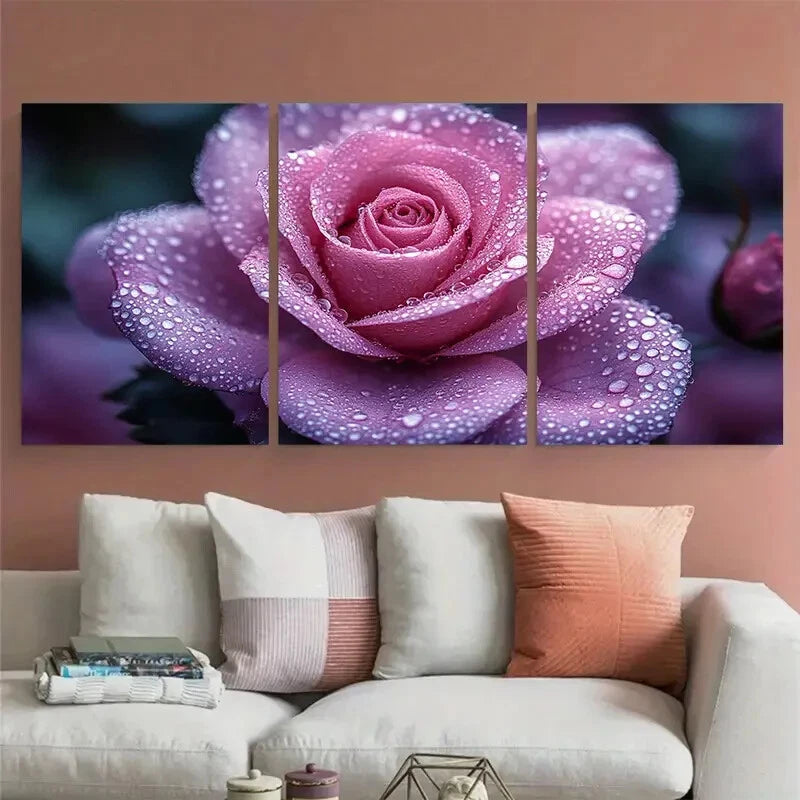 3pcs Pastel Violet Rose with Water Droplets Metal Print Ready to Hang Art - Bella Home Decor
