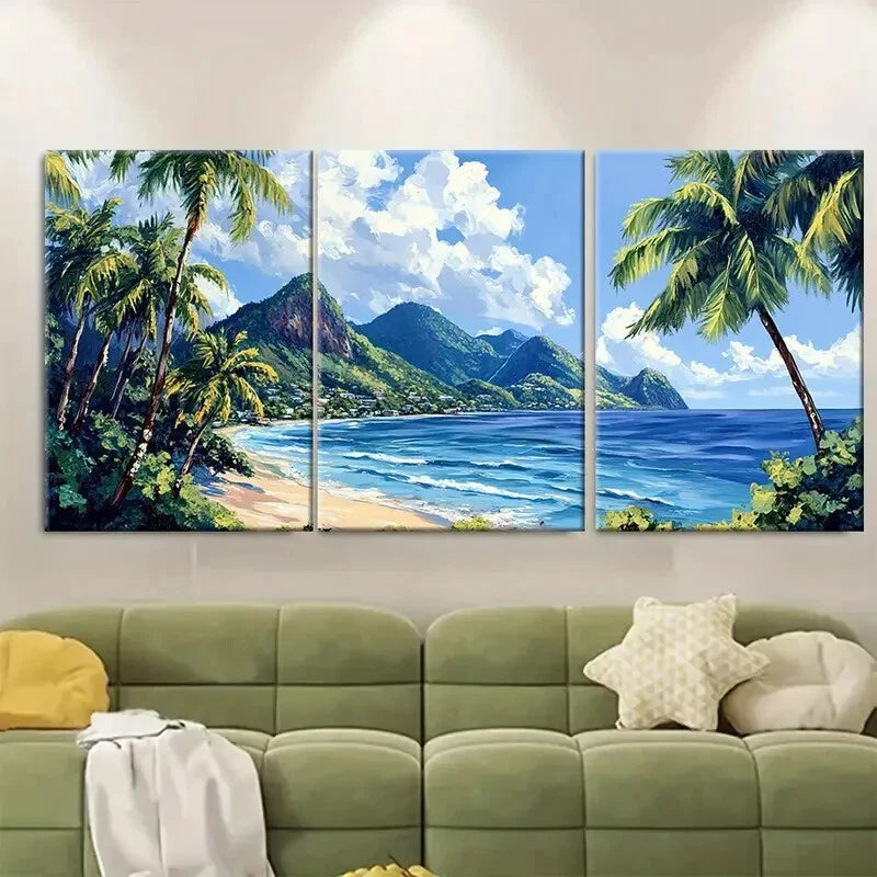3pcs Vibrant Caribbean Palm Trees & Ocean Metal Print Ready to Hang Art - Bella Home Decor