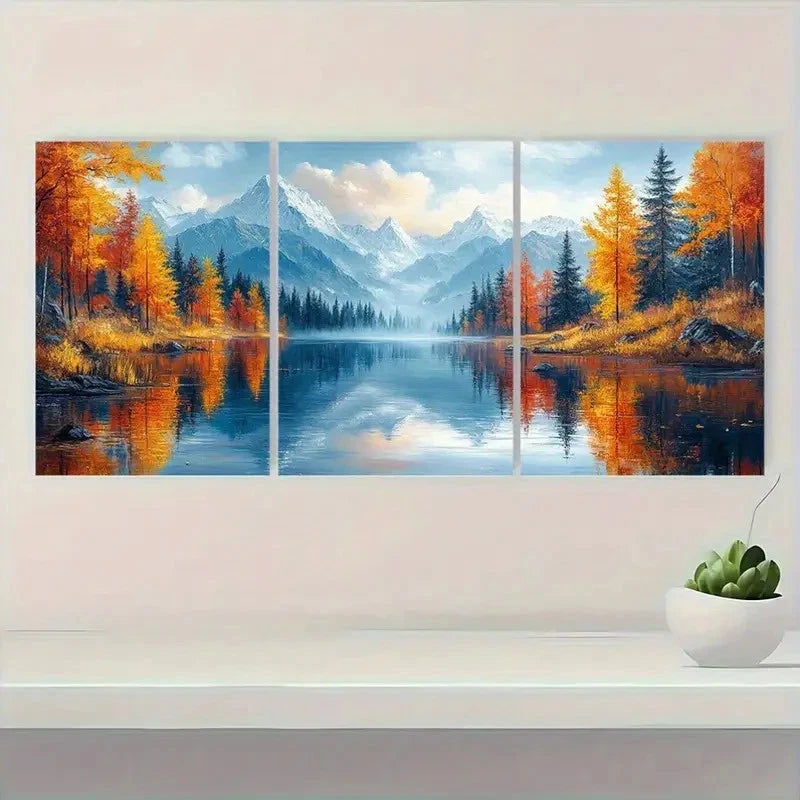 3pcs Autumn Scenery with Snow-Capped Peaks Metal Print Ready to Hang Art - Bella Home Decor
