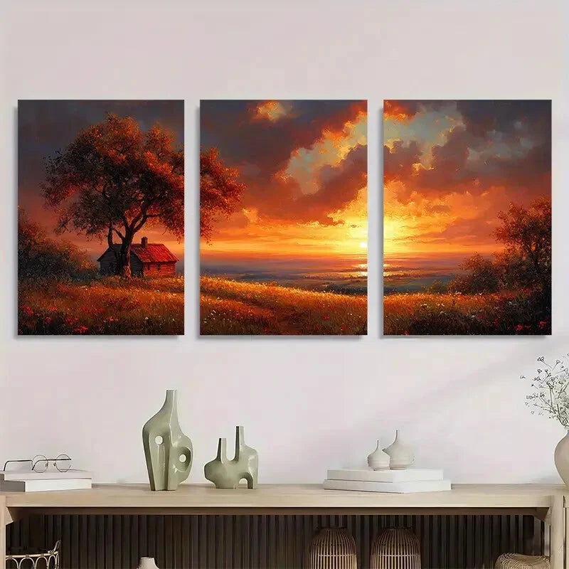 3pcs Rustic Sunset Featuring Cabin & Hilltops  Wall Art Set Canvas Framed 40x60cm - High Quality Print 100% Australian Made Wall Canvas Ready to Hang