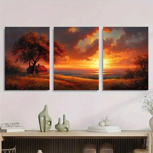 3pcs Rustic Sunset Featuring Cabin & Hilltops  Wall Art Set Canvas Framed 40x60cm - High Quality Print 100% Australian Made Wall Canvas Ready to Hang
