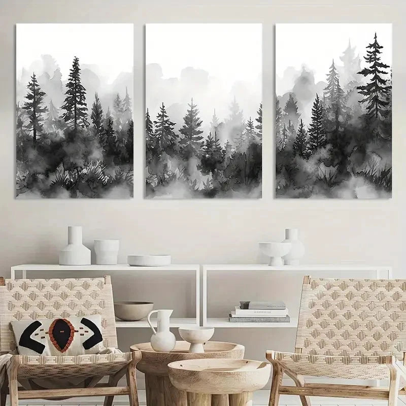 3pcs Poster Black White Forest Landscape Metal Print Ready to Hang Art - Bella Home Decor