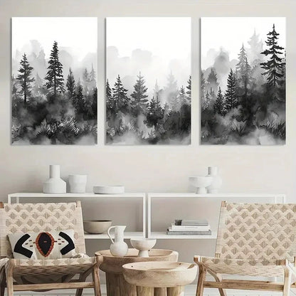 3pcs Poster Black White Forest Landscape Metal Print Ready to Hang Art - Bella Home Decor