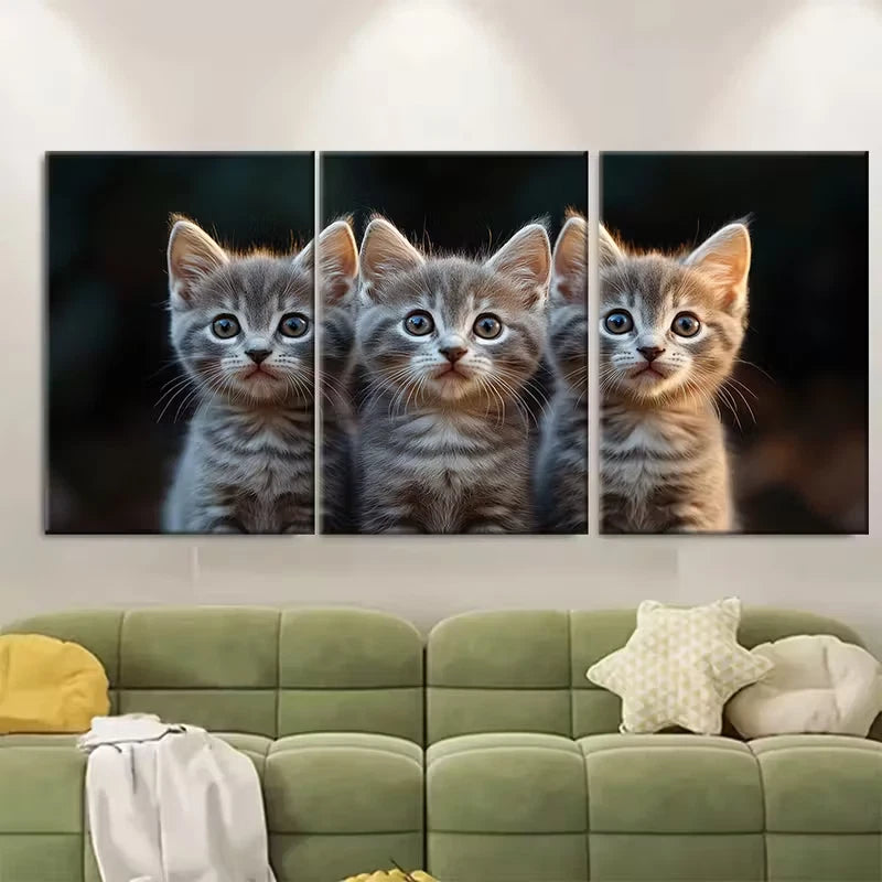 3pcs Fluffy Grey Cats with Blue Eyes Metal Print Ready to Hang Art - Bella Home Decor