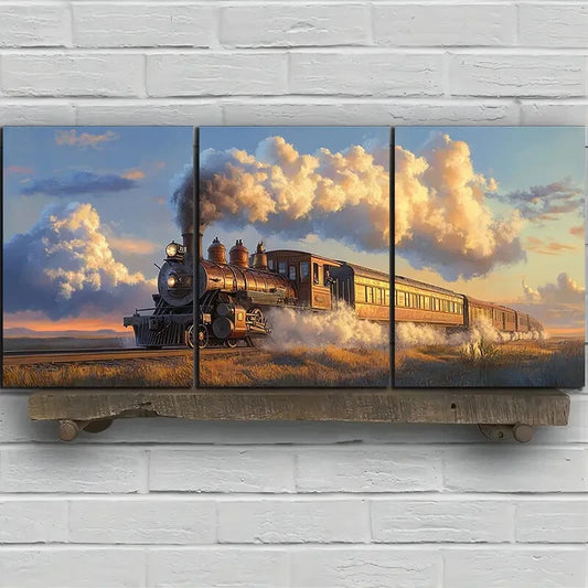 3pcs Freight Train Smoke Capped Metal Print Ready to Hang Art