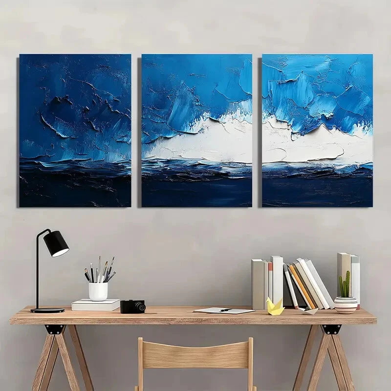 3pcs Abstract Blue and White Textured Metal Print Ready to Hang Art