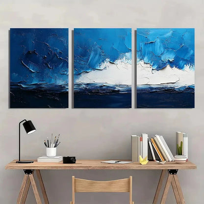 3pcs Abstract Blue and White Textured Metal Print Ready to Hang Art