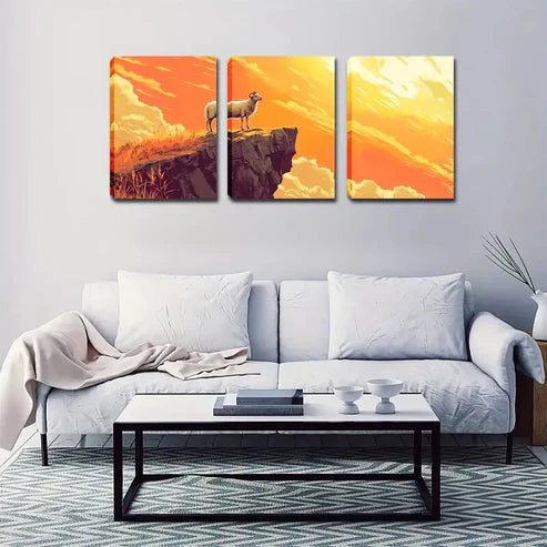 3pcs Sheep Standing on a Cliff, Wall Art Set Wall Art Canvas Unframed - High Quality Print 100% Australian Made Wall Canvas