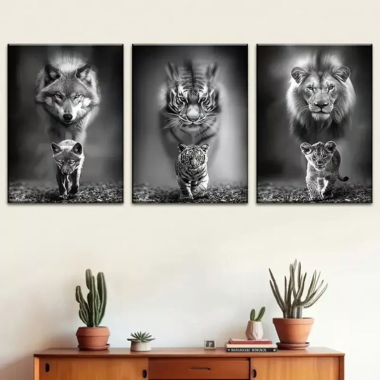 3pcs Black & White Wildlife Wolf, Tiger, Lion Wall Art Set Canvas Framed 40x60cm - High Quality Print 100% Australian Made Wall Canvas Ready to Hang