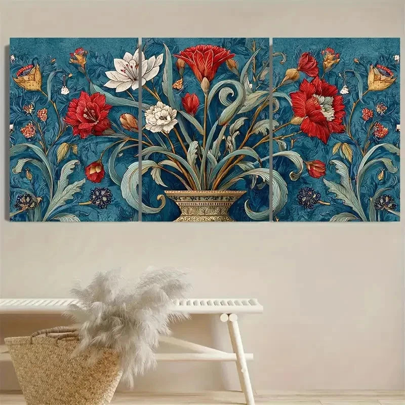 3pcs Vintage Indian Floral Print Wall Art Set Canvas Framed 40x60cm - High Quality Print 100% Australian Made Wall Canvas Ready to Hang