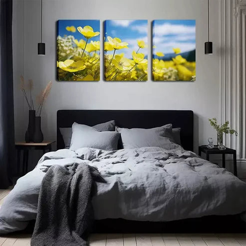 3pcs Blooming Small Yellow Flowers Wall Art Canvas Unframed - High Quality Print 100% Australian Made Wall Canvas
