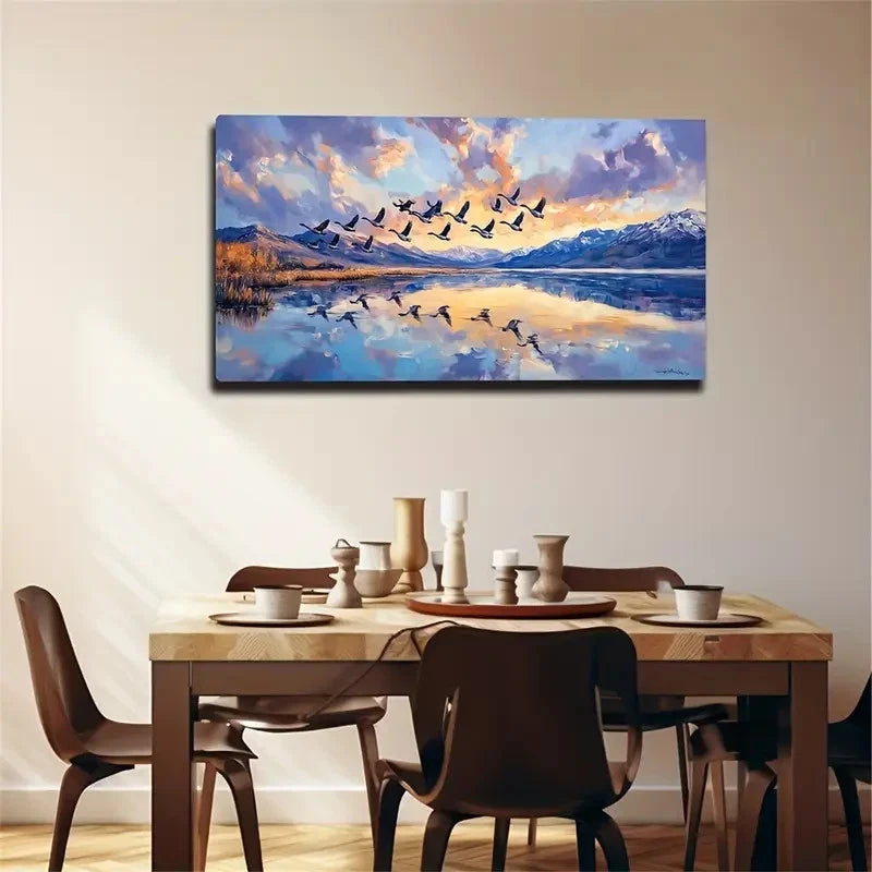 A Group Of Birds On The Lake Wall Art Canvas Office Home Room Framed 120x60cm
