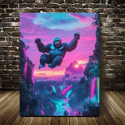 Vibrant Neon Gorilla Sunset Scene Painting 40x60cm Metal Print Ready to Hang - Bella Home Decor
