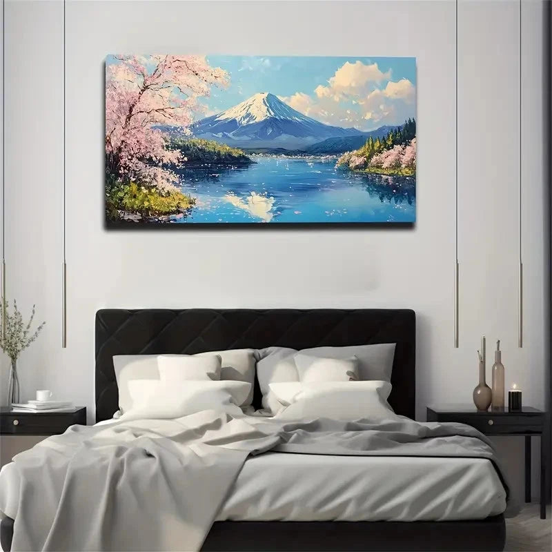 Cherry Blossom Trees Calm Lake Wall Art Canvas Office Home Room Framed 120x60cm
